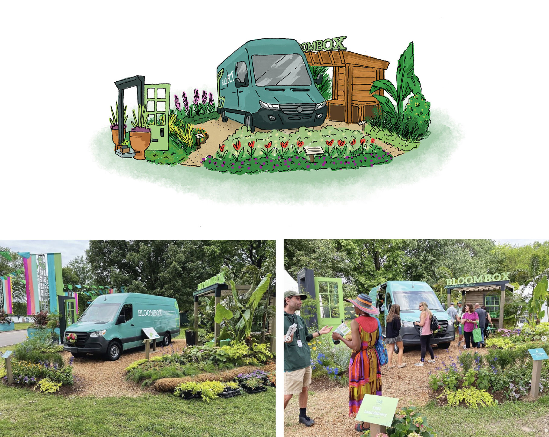 illustration of a proposed exhibit for BloomBox at the Philadelphia Flower Show compared to actual images from the event