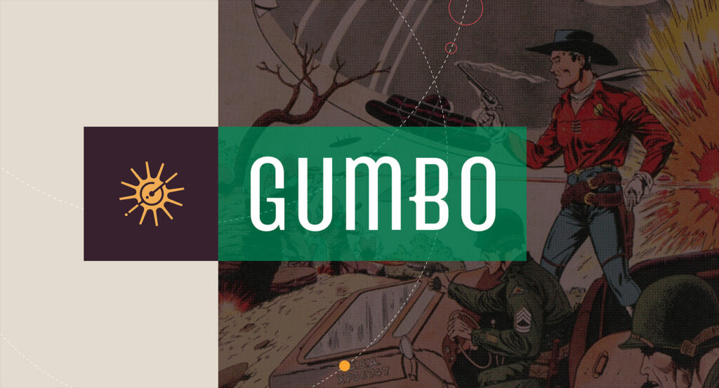 Gumbo brand tile — logo with an illustrated cowboy fighting off aliens, designed by Infantree