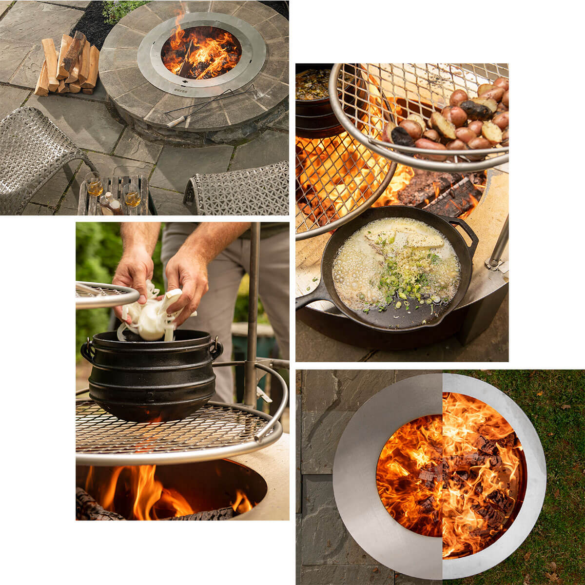 series of images showing food cooked over and on the rim of a Breeo fire pit