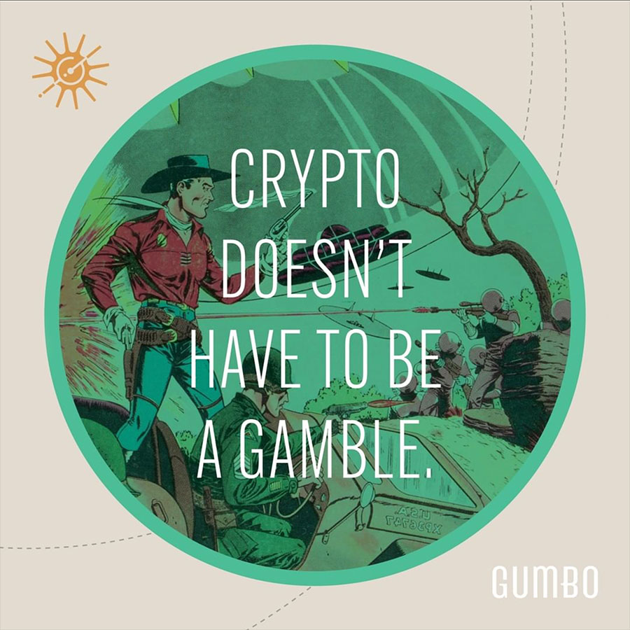 highly illustrative space cowboy ad with headline: Crypto doesn't have to be a gamble