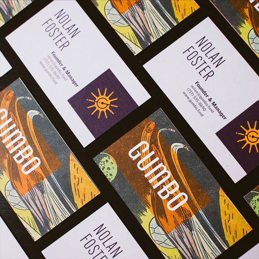 collection of Gumbo business cards with highly illustrative space cowboy aesthetic