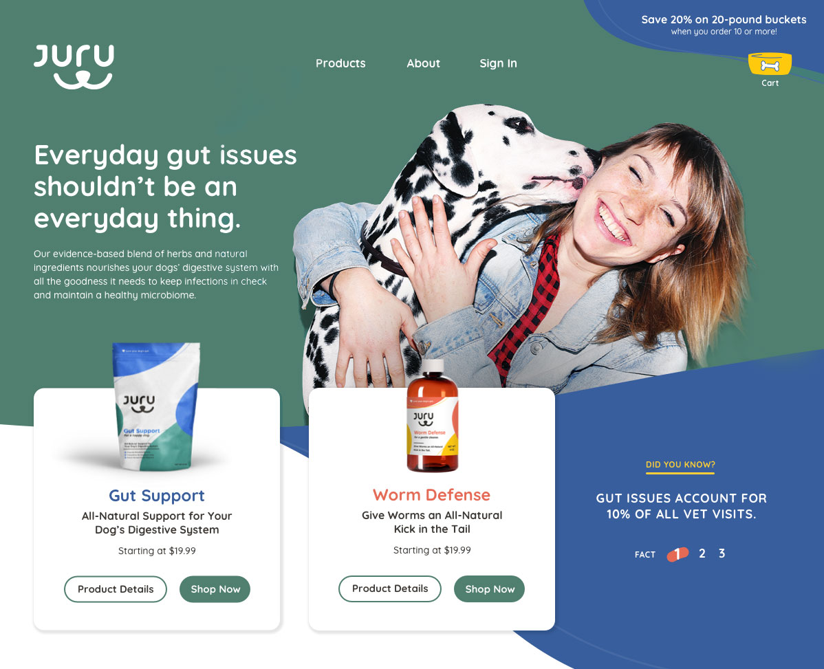 screenshot of Juru pet supplement home page with featured products in header