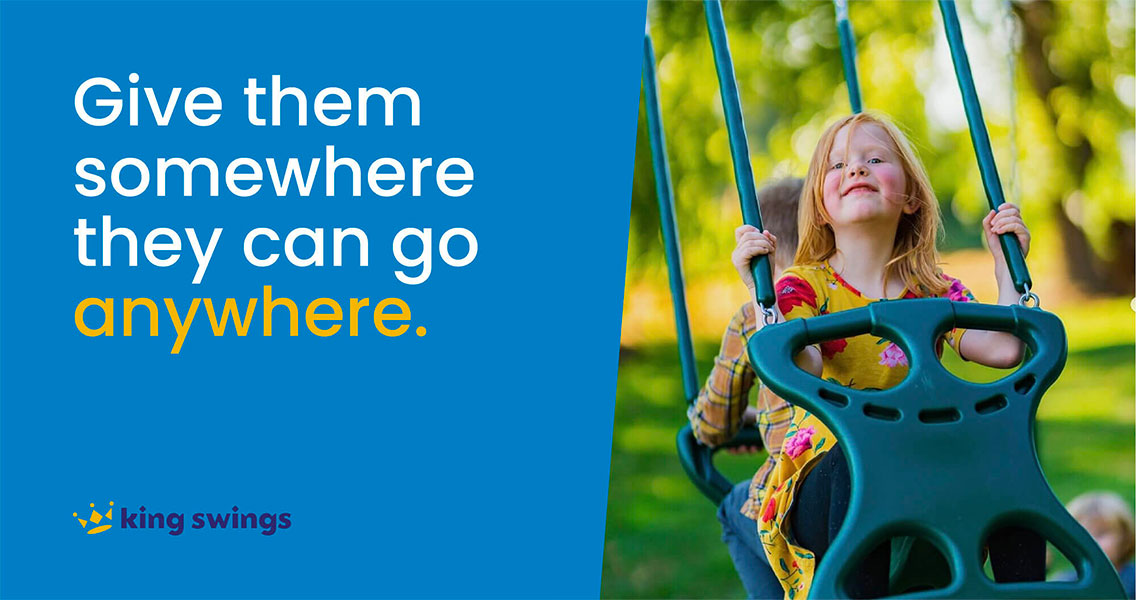 two young kids swinging on a dual swing with headline: Give them somewhere they can go anywhere