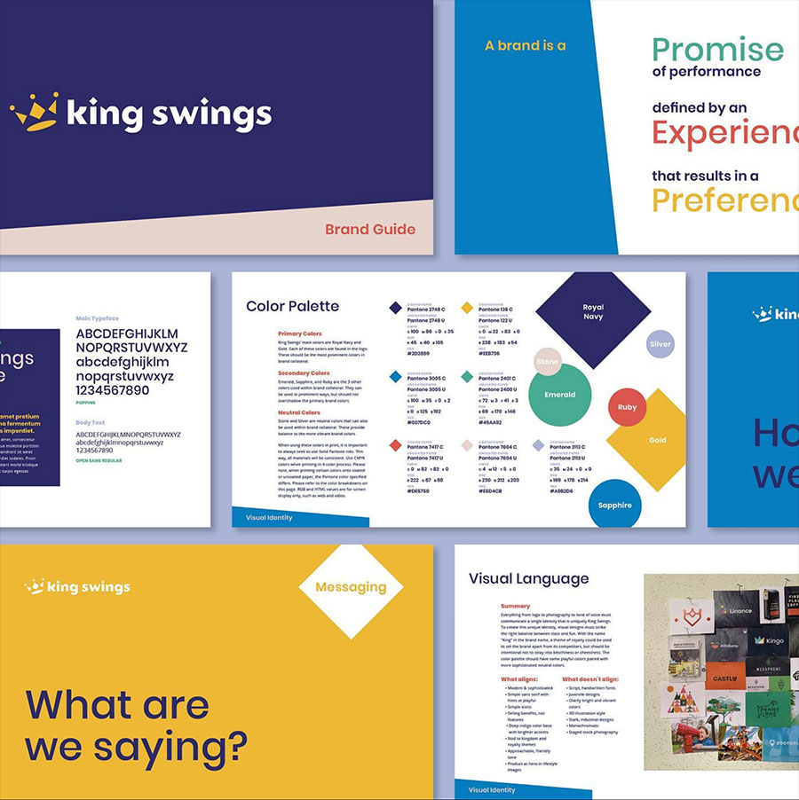 multiple views of the King Swings brand guide: colors, core values, typography, and brand messaging