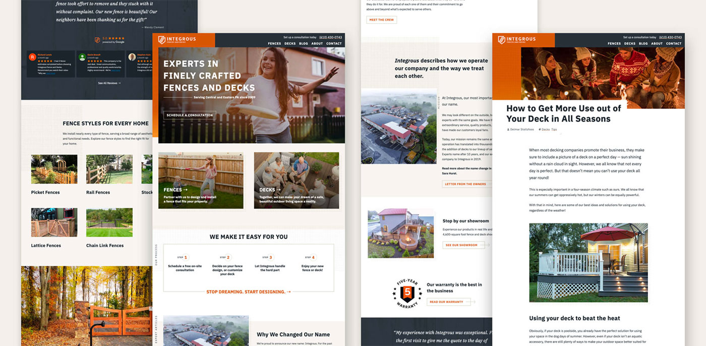 Multiple website screenshots of the Integrous Fences and Decks website, designed by Infantree