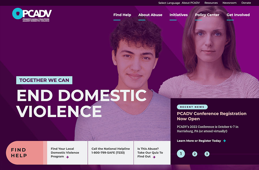 screenshot of PCADV home page with main call to action to end domestic violence