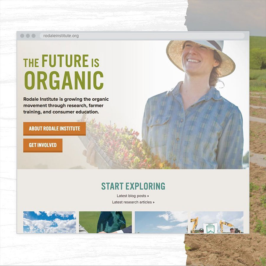 screenshot of the Rodale Institute home page with large headline: The Future is Organic