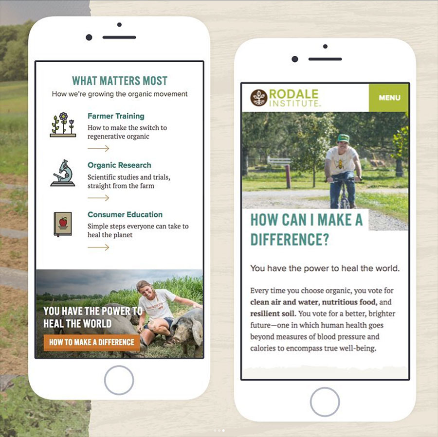 mobile views of various components on the Rodale Institute website