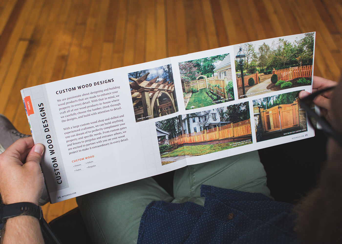 Interior spread of Integrous catalog showing fence projects; designed by Infantree