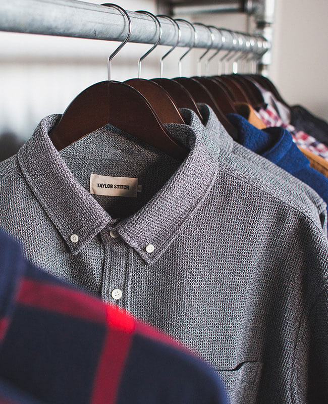 A clothing rack full of winter shirts at Ellicott & Co.