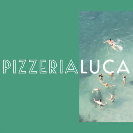 Pizzeria Luca logo designed by Infantree layered over a photo of swimmers in Italy