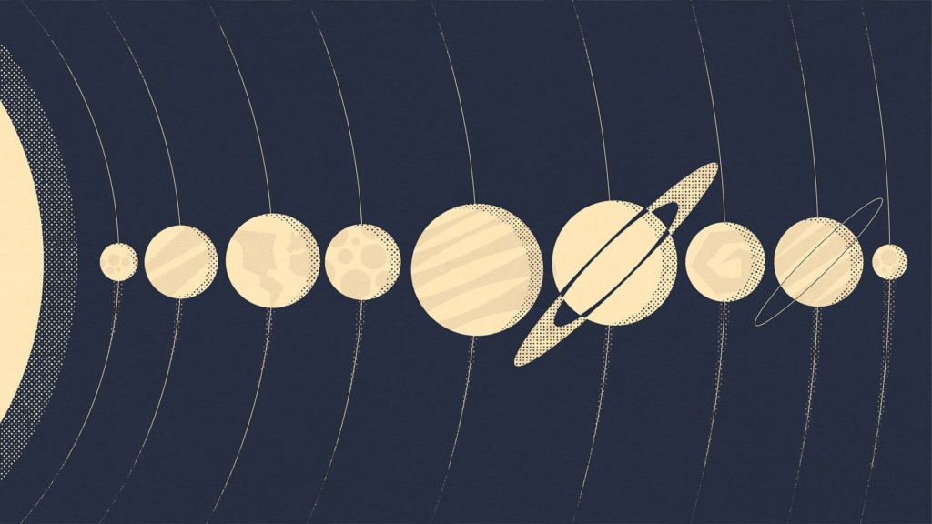 Illustration of the solar system with all planets aligned, illustrated by Infantree