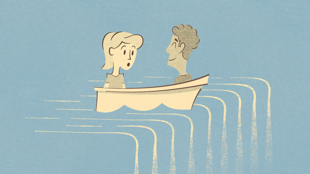 illustration of two people in a boat about to go over a waterfall, one is happily oblivious, illustrated by Infantree